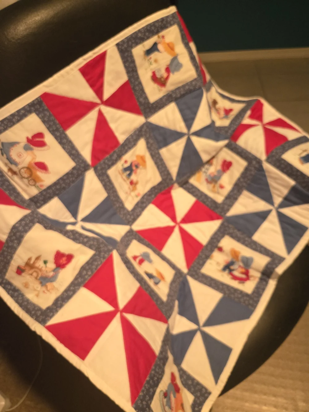 Handcrafted Cotton Patchwork Baby Quilt in Red, Blue & White